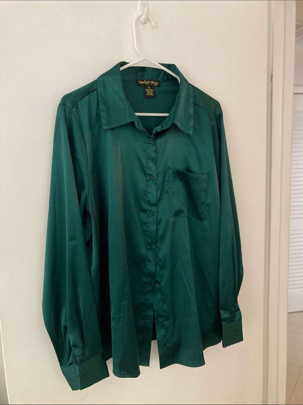Emerald Green Satin Button-Down Shirt - Crispy Sky